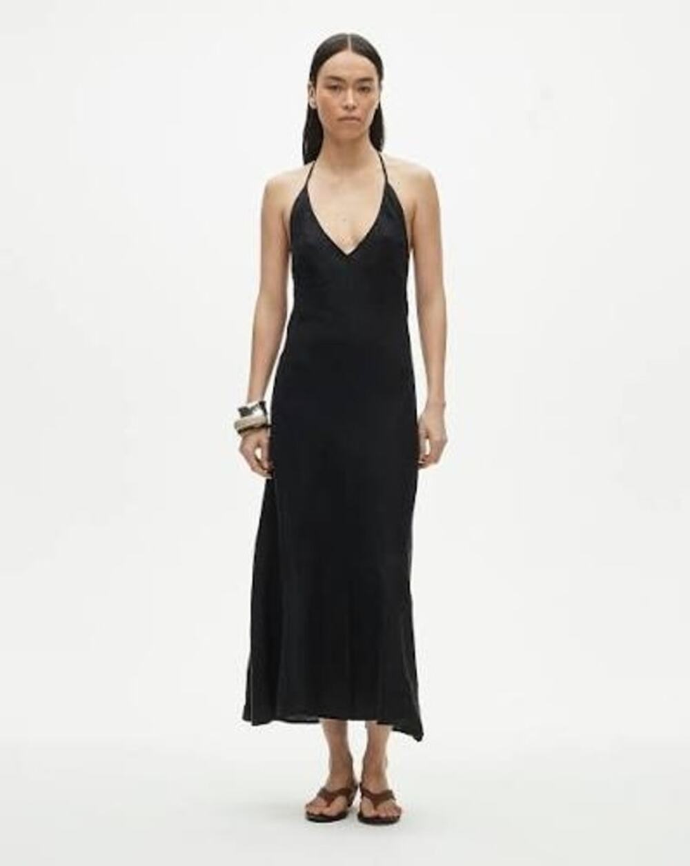 J. Crew Women's V-Neck Halter Dress Sleeveless in Saffron Linen Black Size 4 NWT